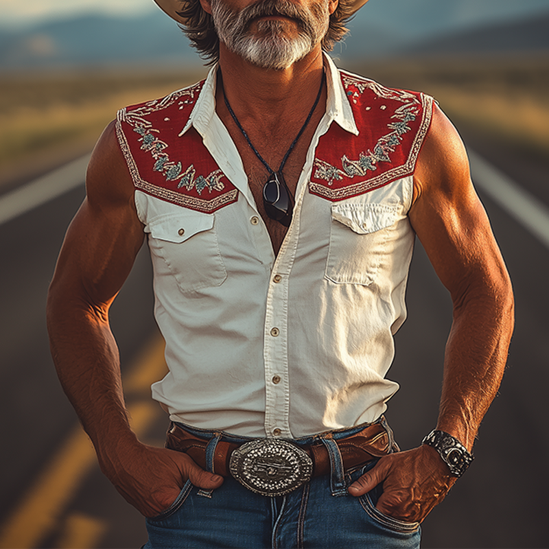 Herre vår- og sommermote Retro Western Cowboy-stil Bomullsblanding Søm Bomull og Lin Broderi Slank Ermeløs Skjorte MTA0912E7K