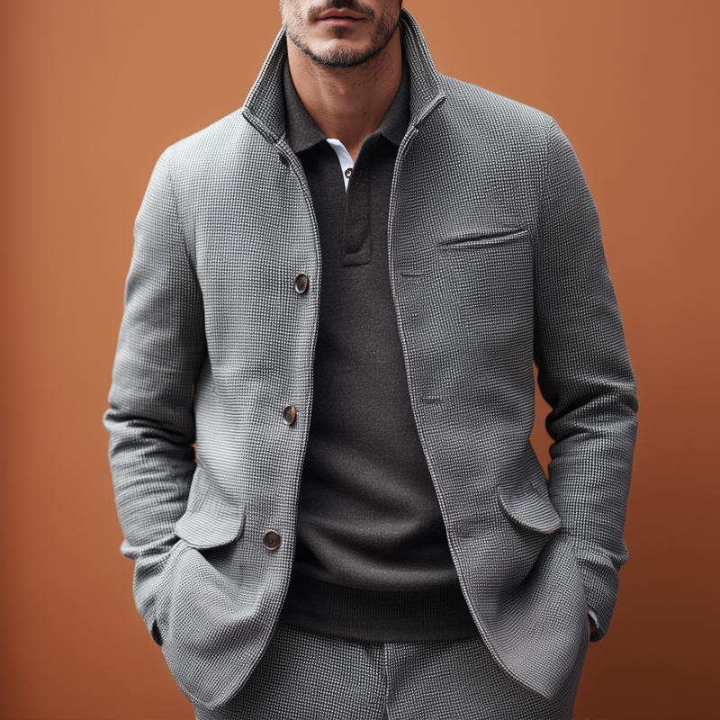 Men's Small Square Fabric Stand Collar Single Breasted Casual Jacket MTA2056H9Z