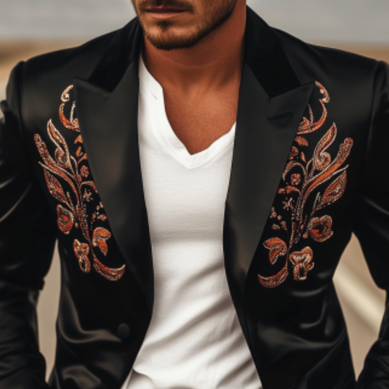 Men's Classic Retro Western Style Satin Embroidered Blazer 05109893K