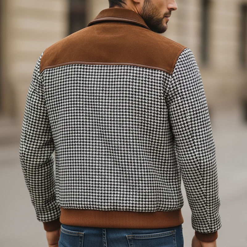 Men's Winter Retro Houndstooth Faux Suede Patchwork Jacket MTA1286K8P