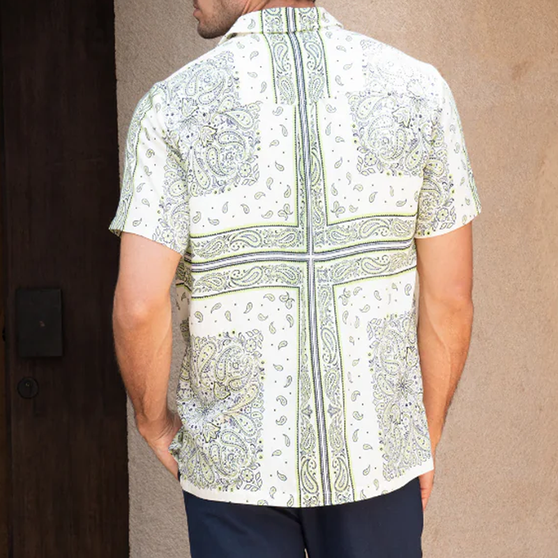 Men's Summer Vintage Tencel Cotton Printed Lapel Short Sleeve Shirt MTA0293G7K