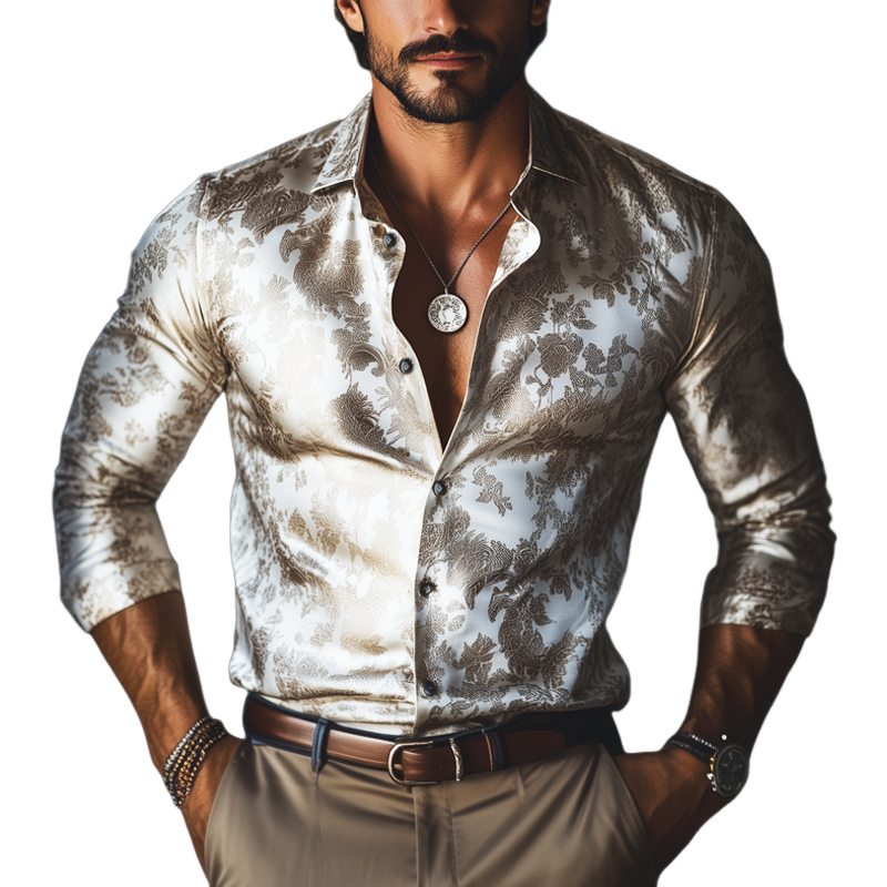 Men's Classic Satin Print Lapel Button-Down Long Sleeve Shirt MTA3018G0U