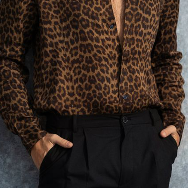 Men's Smart Casual Leopard Print Satin Long Sleeve Shirt 18468461K