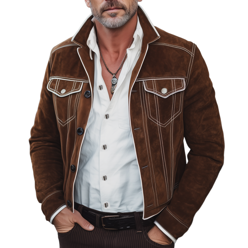 Men's Vintage Lapel Button White Trim Suede Jacket MTA1687H0U