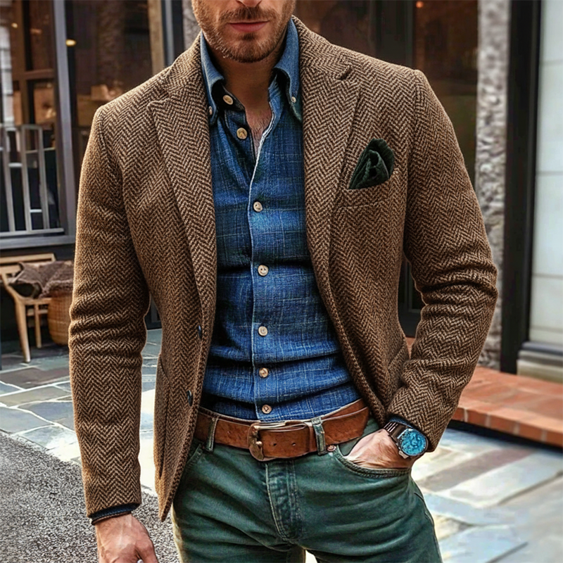 Men's Herringbone Vintage Faux Tweed Lapel Blazer MTA1590J7X