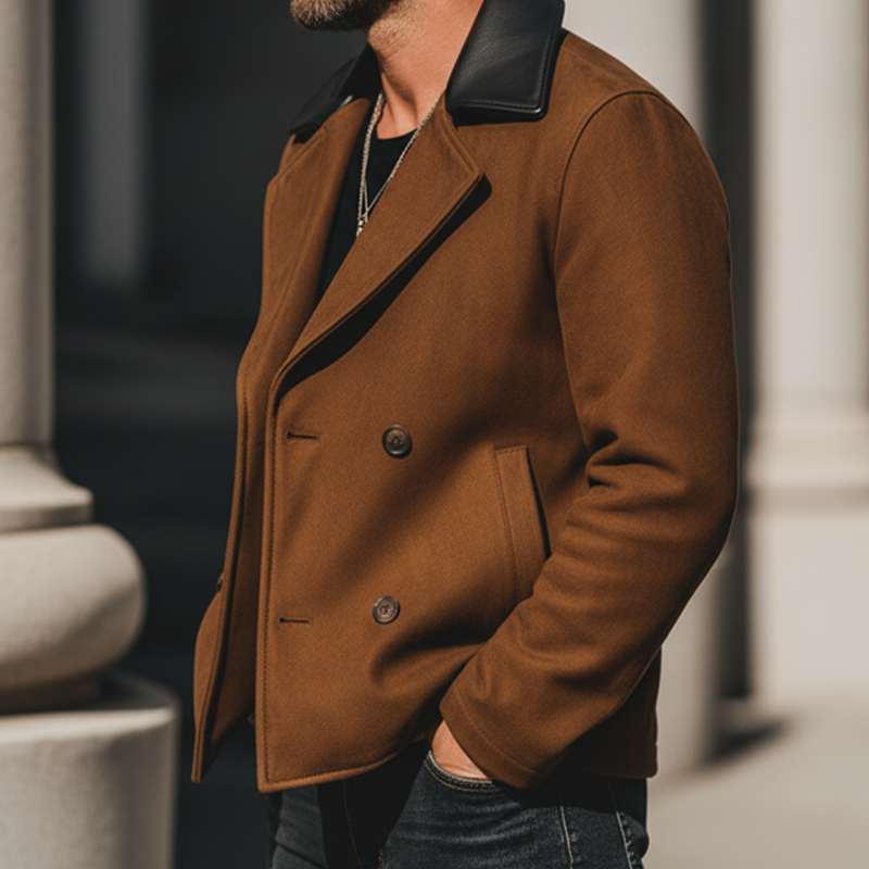 Men's Classic Suede And PU Leather Collar Double-breasted Jacket MTA1205K4U