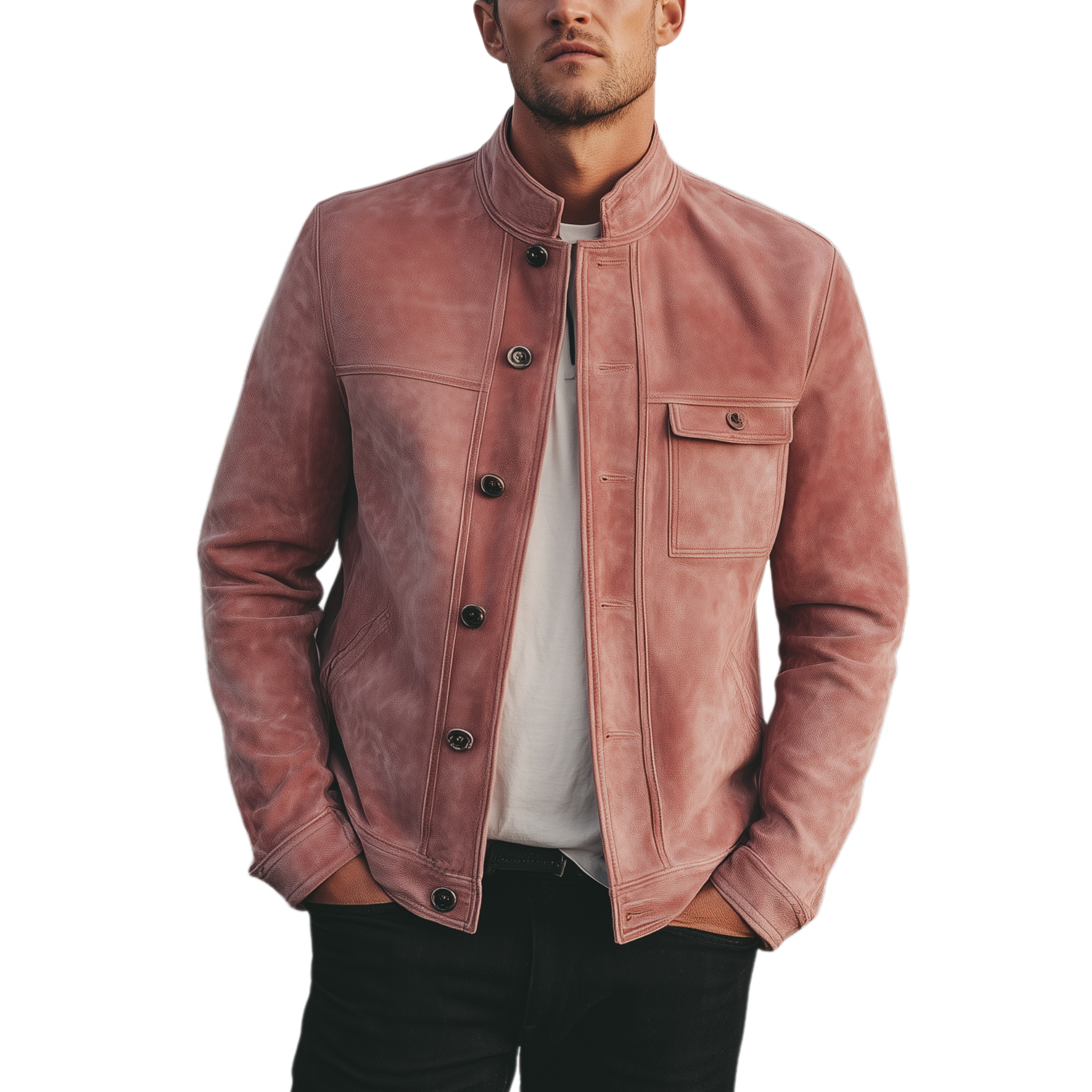Men's Classic American Retro Stand Collar Pink Suede Placket Button Jacket MTA1883H9K