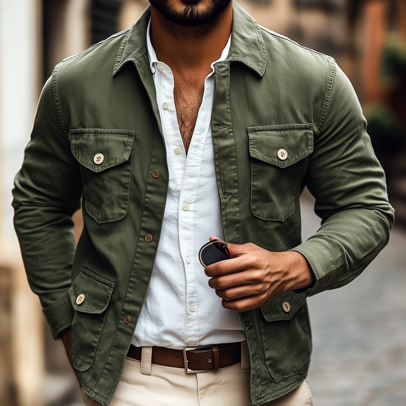 Men's Casual Breathable Cotton Washed Distressed Lapel Single-breasted Multi-pocket Work Jacket MTA0688H8M