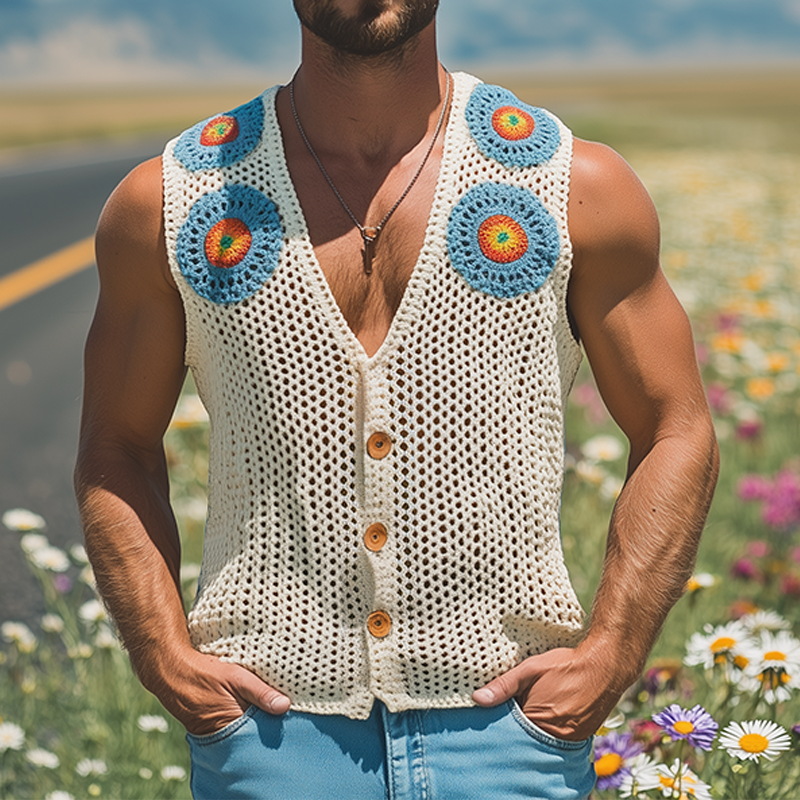 Men's Summer Fashion Casual Hollow Crochet Flower Knitted Vest MTA2726F7K