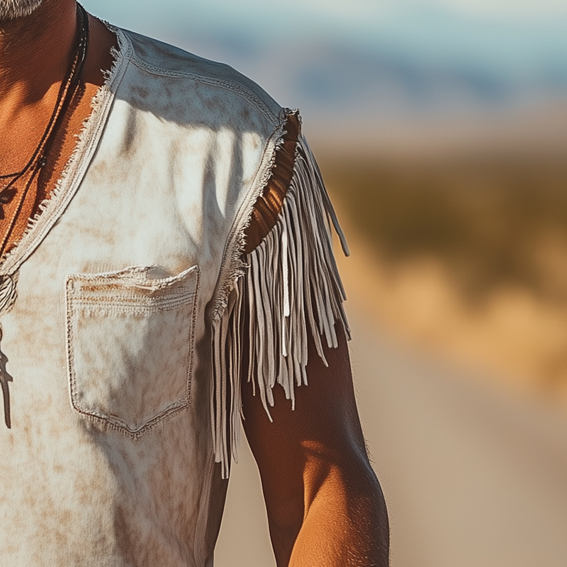 Men's Distressed Printed Tassel Polyester Blend Sleeveless T-Shirt MTA2924G9P