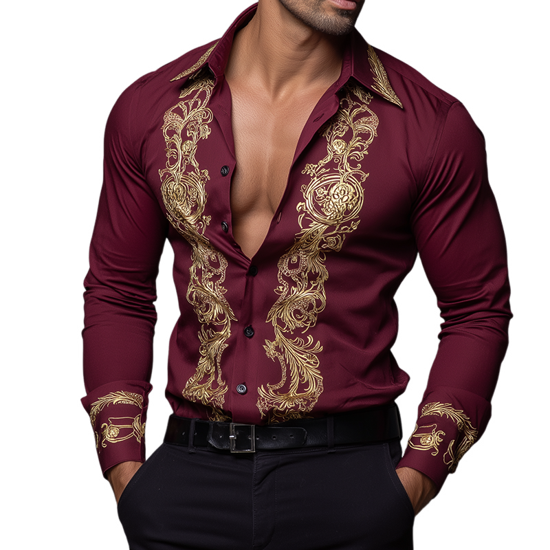 Men's Retro Casual Baroque Print Lapel Long Sleeve Shirt  MTA3068G9TO