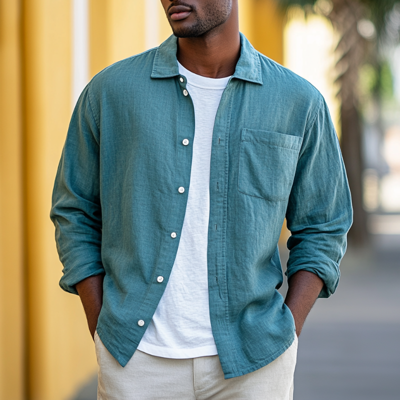 Men's Casual Breathable Botton Linen Blend Lapel Loose Long Sleeve Shirt MTA0624E2M
