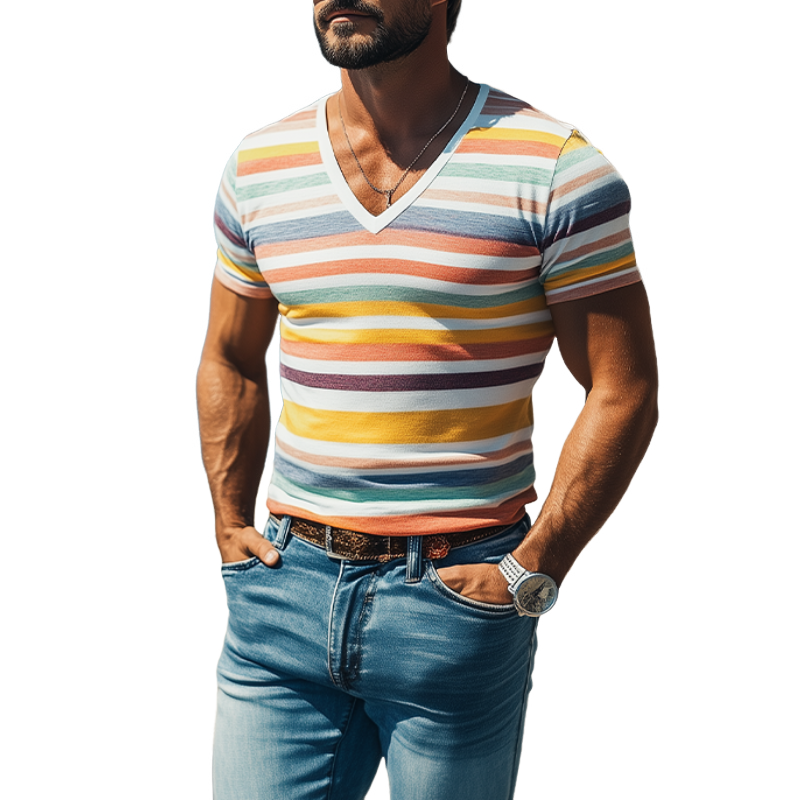 Men's Casual V-neck Cotton Contrast Striped Slim Fit Short-sleeved T-shirt 81496433K