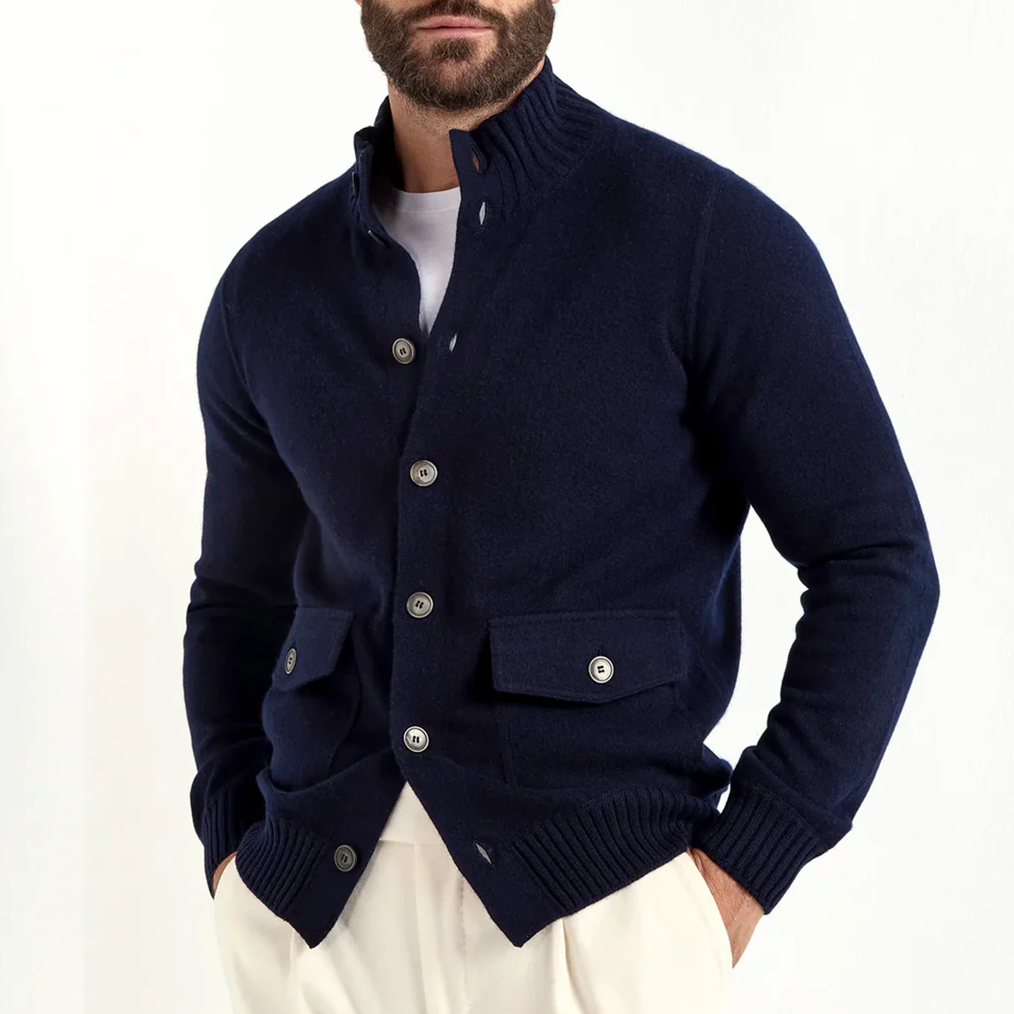 Men's Classic Light Business Stand Collar Single-breasted Knitted Cardigan MTA1977I2K