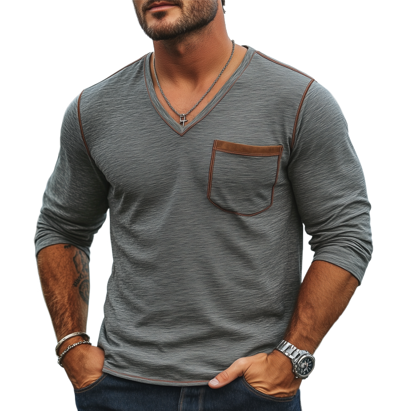 Men's Spring And Autumn V-neck Cotton Long Sleeve T-shirt MTA2878G7U