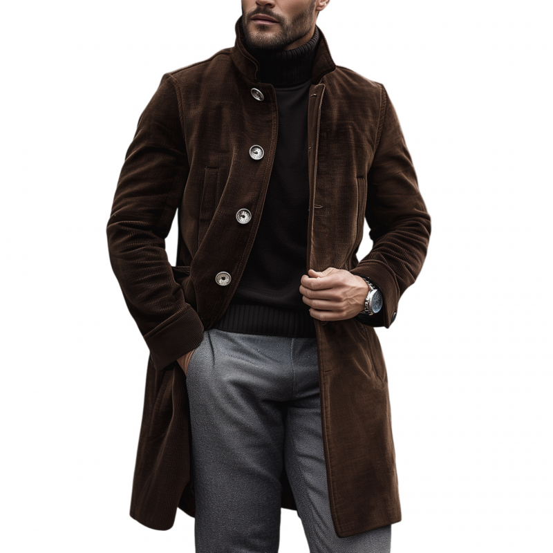 Men's Vintage Elegant Solid Color Corduroy Stand Collar Single Breasted Slim Fit Coat MTA0224H1M