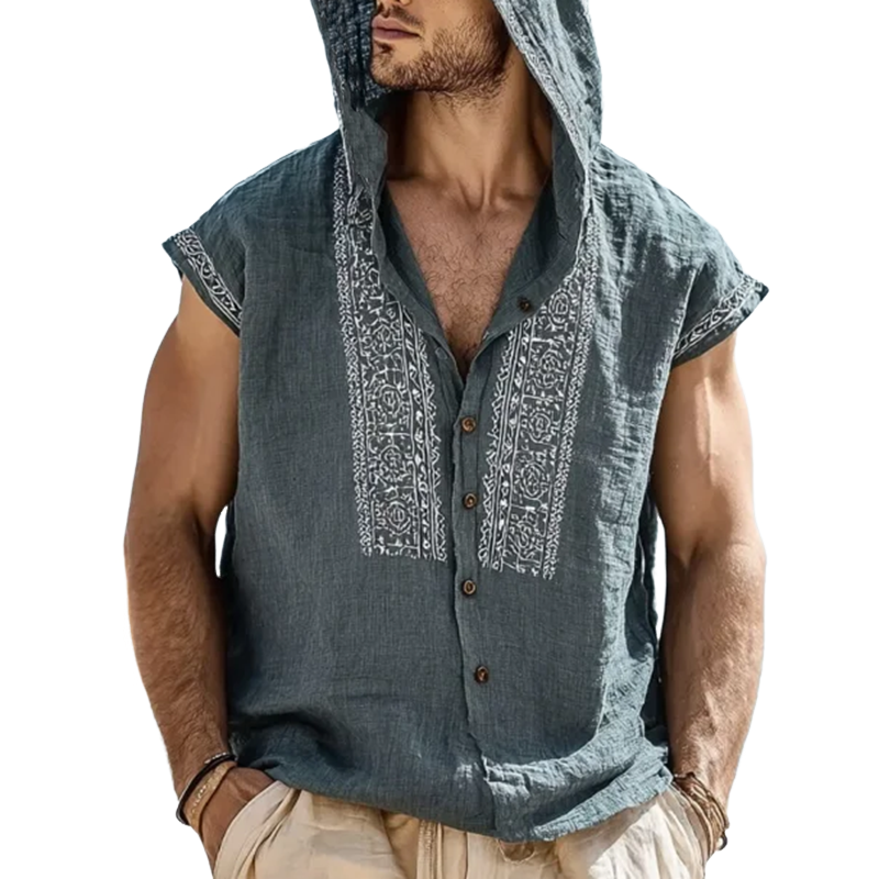 Men's Embroidered Single Breasted Hooded Sleeveless Shirt MTA0466G9Y