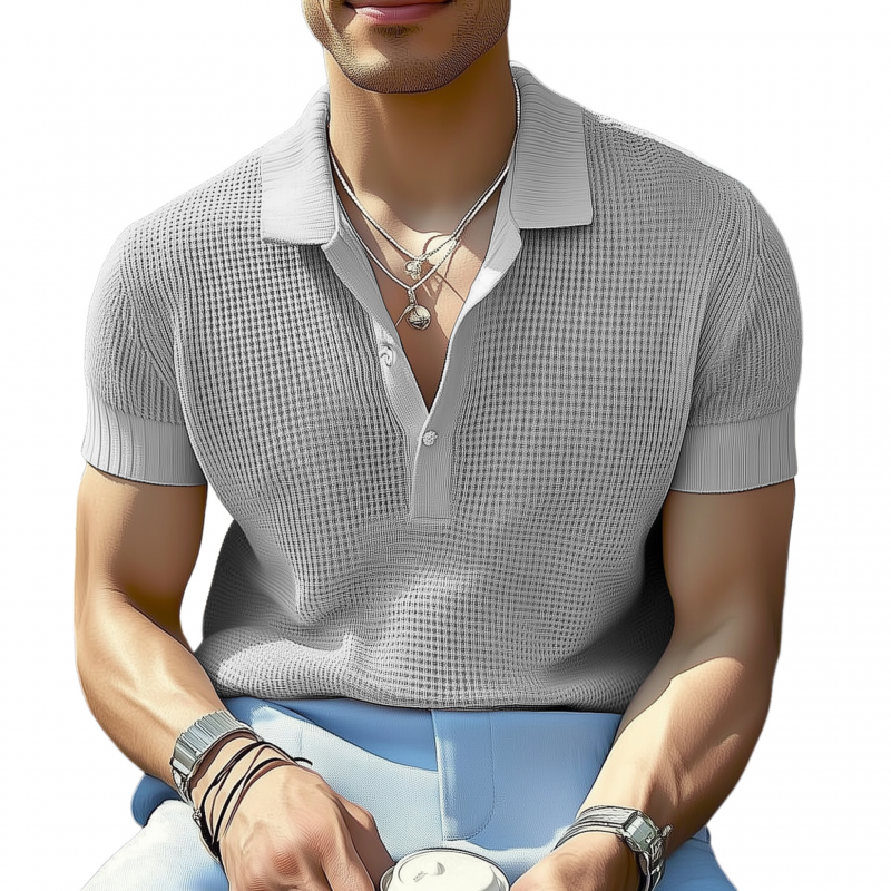 Men's Casual Solid Color Breathable Lapel Loose Knitted Short-sleeved Polo Shirt MTA2125G6M