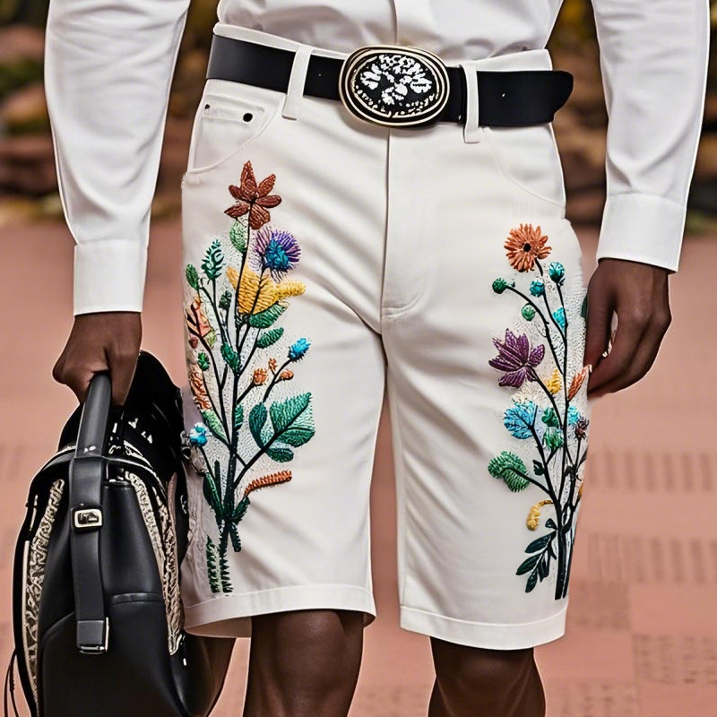 Men'S Fashion Retro Embroidered Straight Denim Shorts MTA0940E9Z