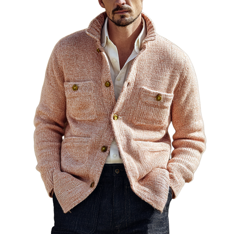 Men's Solid Knit Lapel Multi-pocket Single Breasted Jacket Cardigan MTA0365I5Z