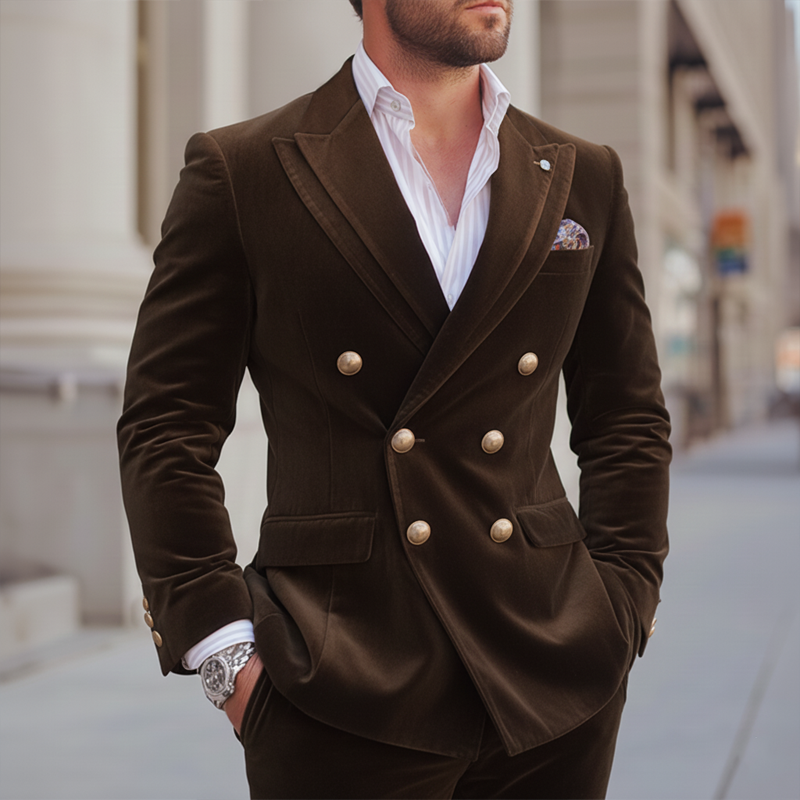 Men's Business Coffee Velvet Double-Breasted Double-Vent Blazer MTA0440K2U
