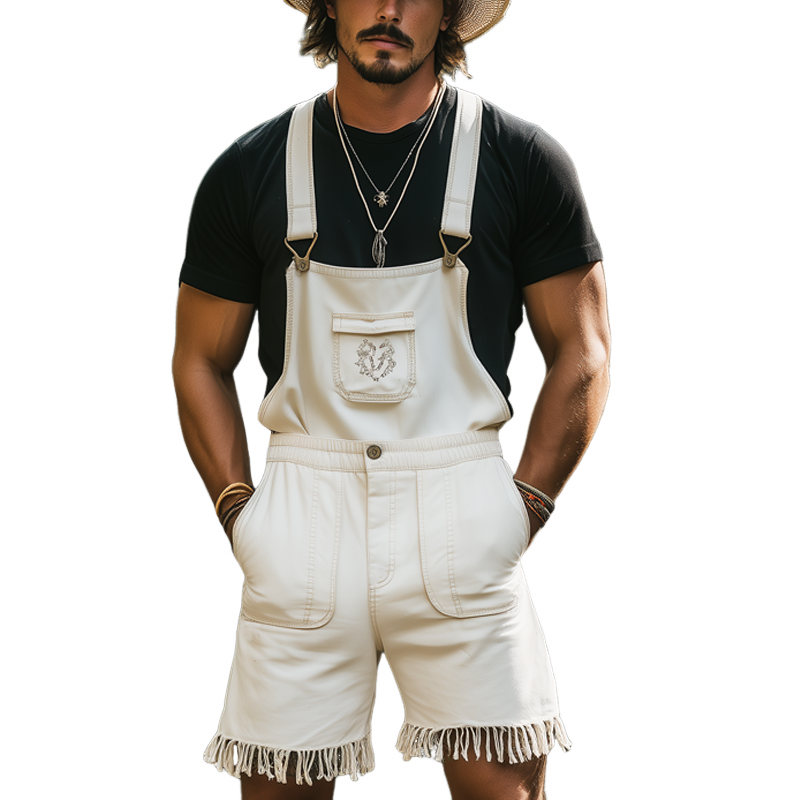 Men's Summer Retro Embroidered Tassel Overalls MTA1199F2U