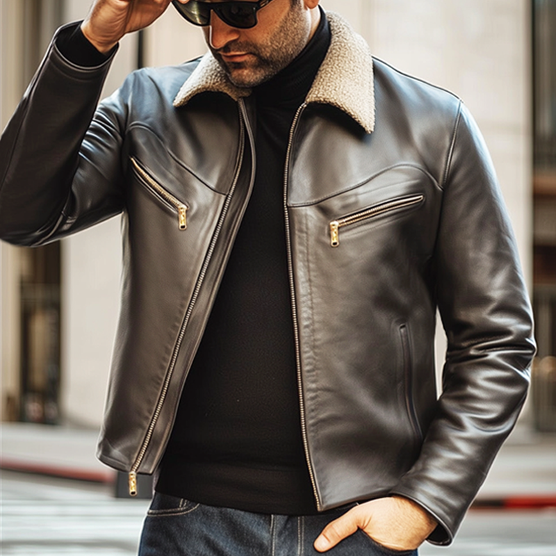 Men's Vintage PU Leather Lambswool Collar Zipper Jacket MTA2894H4U