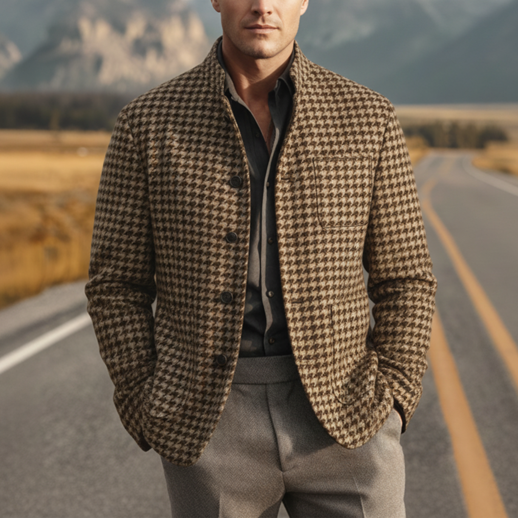Men's Classic Retro Stand Collar Faux Houndstooth Wool Jacket MTA2505I3K