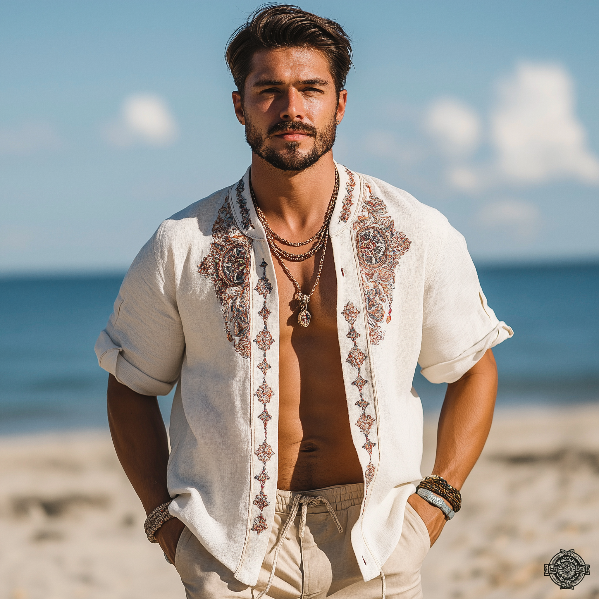 Men's Summer Fashion Exquisite Embroidered Linen Short Sleeve Shirt MTA1760F7P