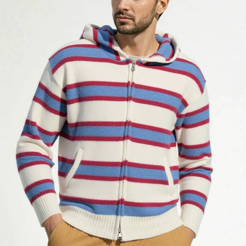 Men's Striped Knit Hooded Zip-Up Cardigan MTA0481H8X