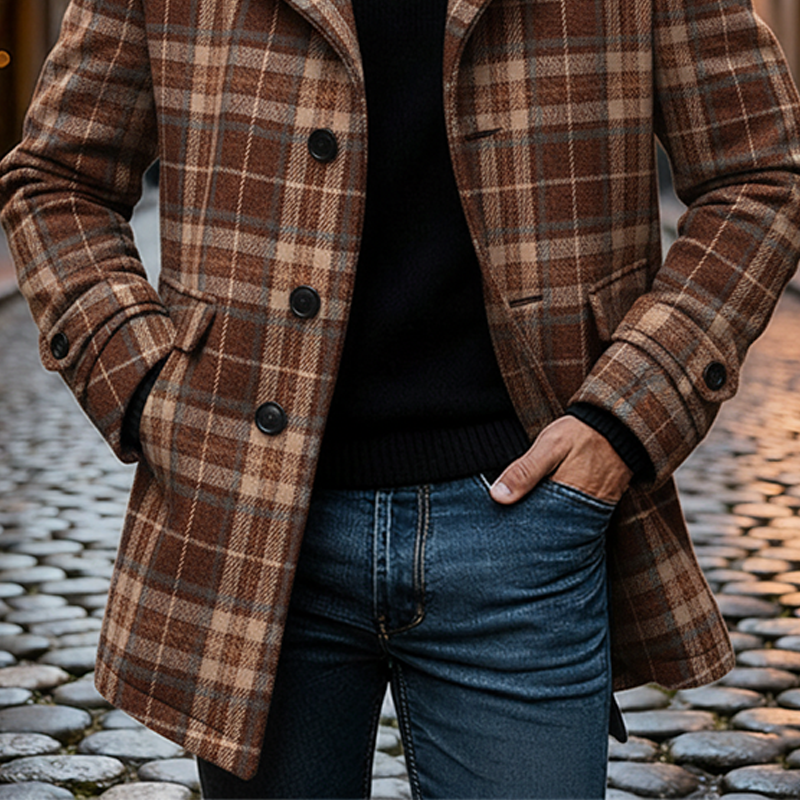 Men's Brushed Plaid Jacquard Lapel Mid-length Coat MTA2440K4X