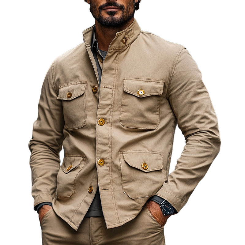 Men's Cotton Solid Color Multi-Pocket Stand Collar Button Jacket MTA0458I8X