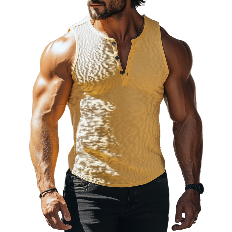 Men's Casual Solid Color Wave Pleated Texture Henley Collar Slim Fit Tank Top MTA2461F0M