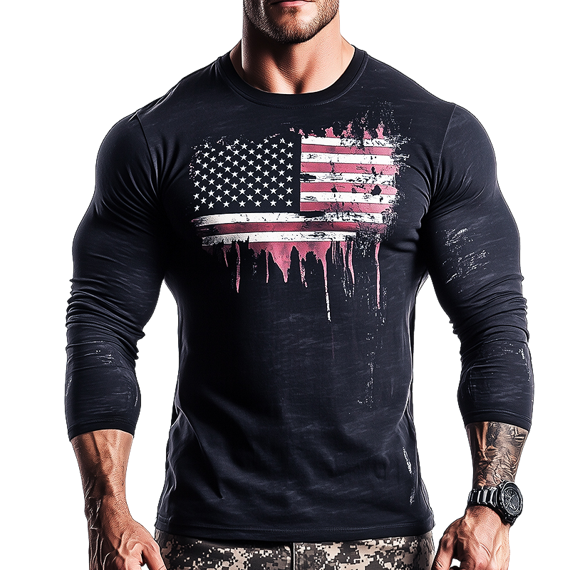 Men's Vintage Casual American Flag Printed Crew Neck Long Sleeve T-Shirt 13122321TO