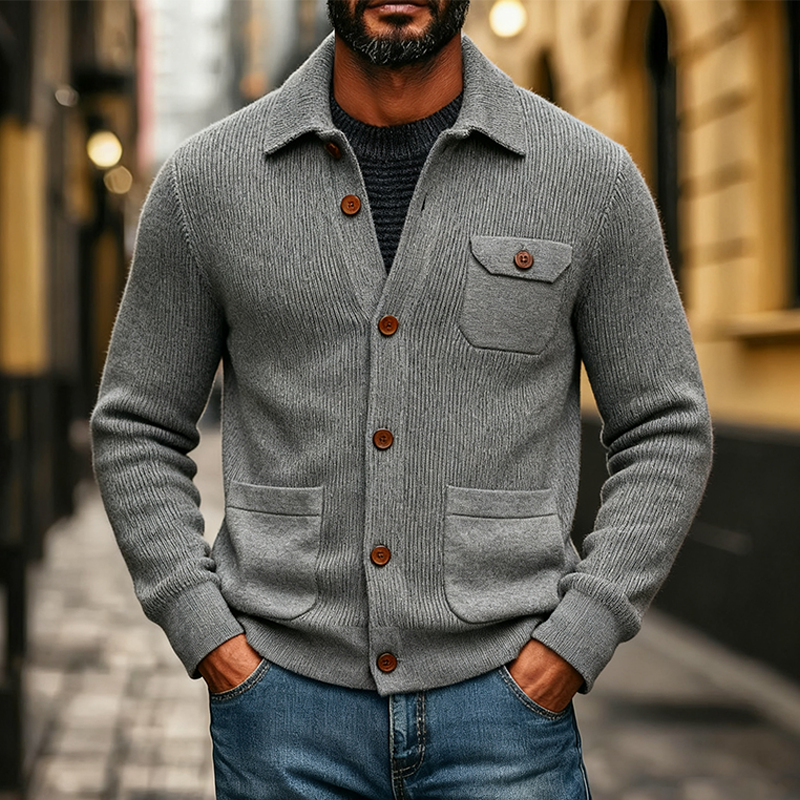 Men's Casual Solid Color Knitted Lapel Cardigan MTA2485J7X