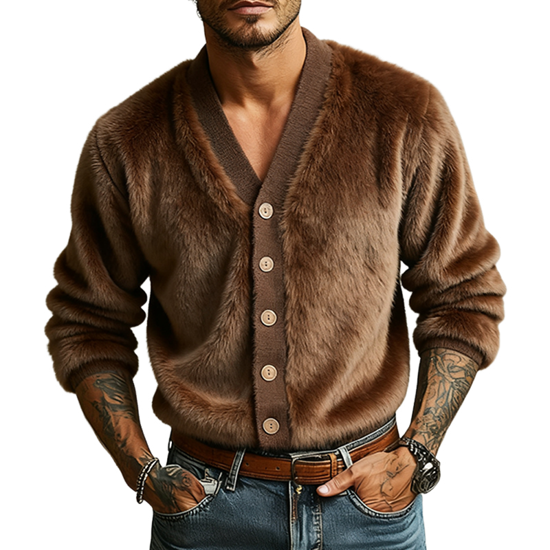 Men's Solid Color Faux Mohair V-Neck Loose Jacket MTA2261J9X