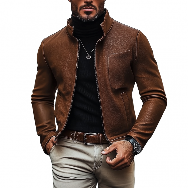 Men's Vintage Solid Color Litchi Pattern PU Stand Collar Zipper Placket Slim Fit Jacket MTA1407H5M
