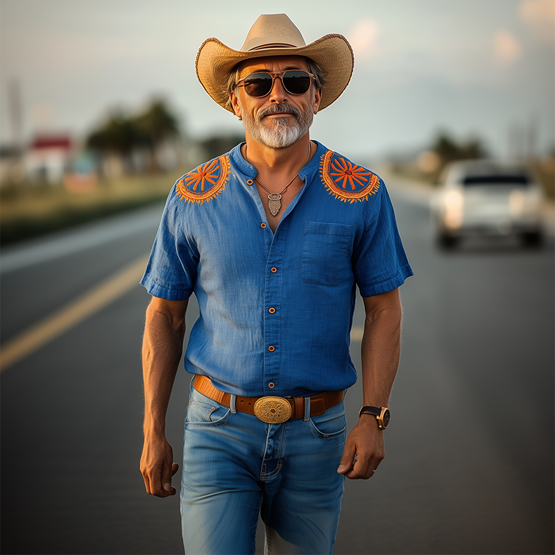 Men's Spring And Summer New Casual Vacation Retro Western Cowboy Style Cotton And Linen Embroidered Stand-Up Collar Short-Sleeved Shirt MTA0938E5K