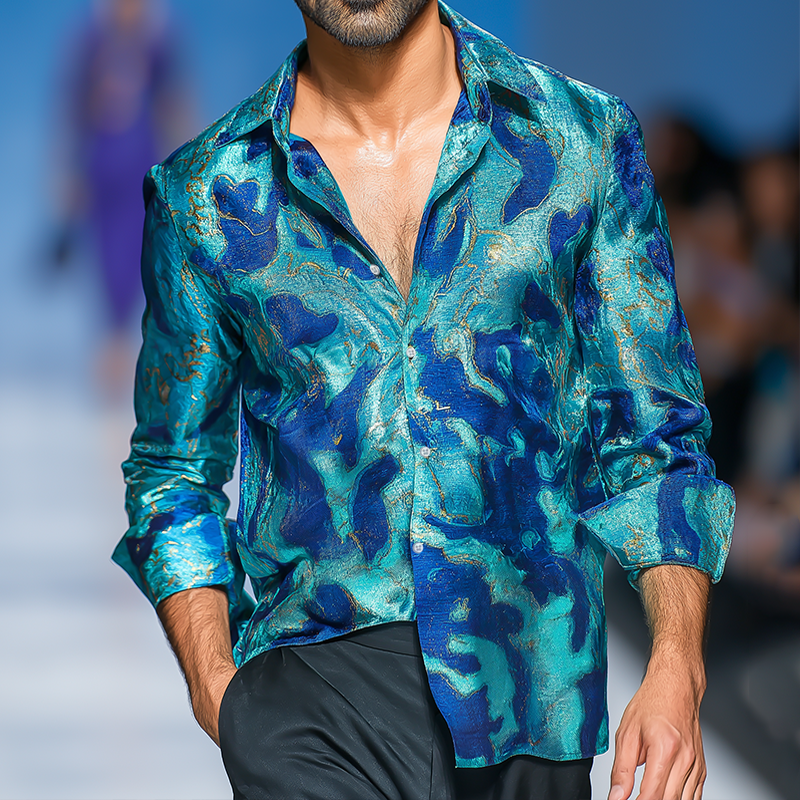 Men's Retro Casual Gilded Amber Print Lapel Long Sleeve Shirt MTA3012G8TO