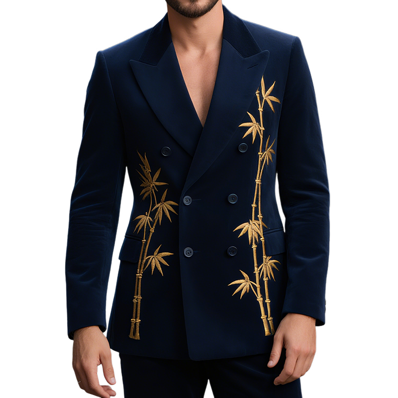 Men's Vintage Casual Velvet Bamboo Embroidery Double Breasted Blazer MTA0777G2TO