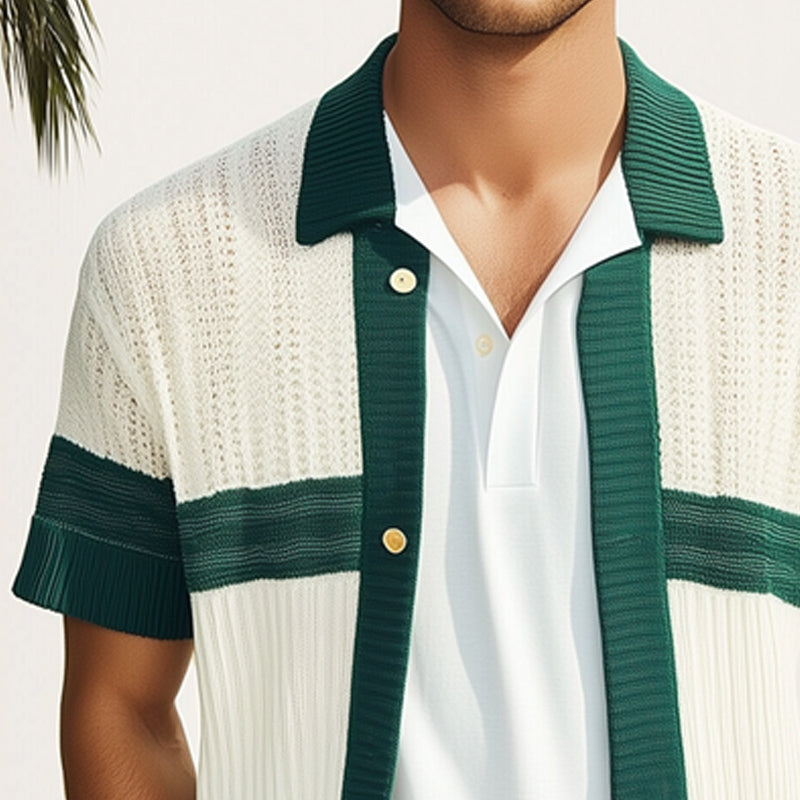 Men's Summer Comfortable Breathable Color Block Knitted Short-Sleeved Shirt MTA1651E6U