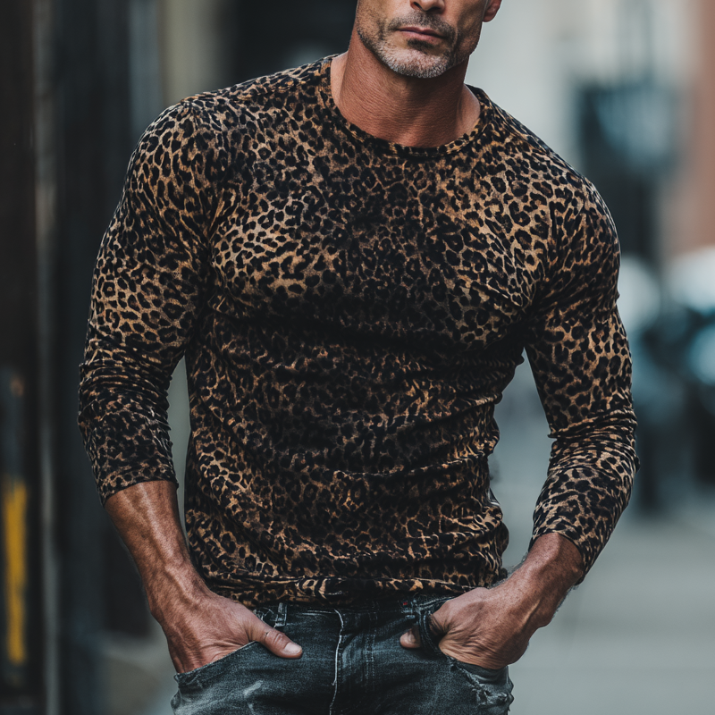 Men's Leopard Print Crew Neck Long T-shirt MTA1437H3X