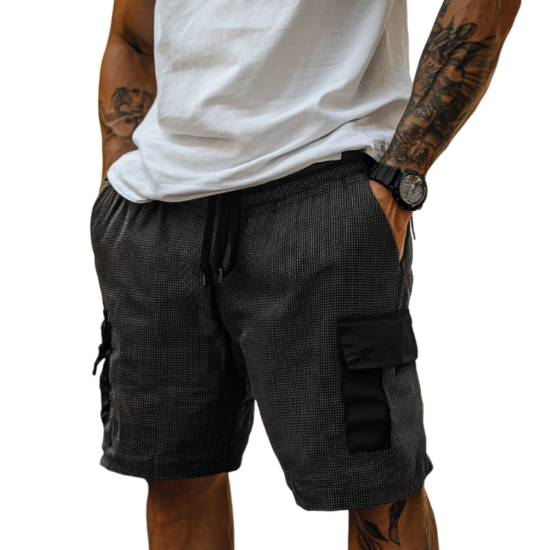 Men's Casual Cotton Blend Houndstooth Patchwork Elastic Waist Drawstring Cargo Shorts MTA3061D7M