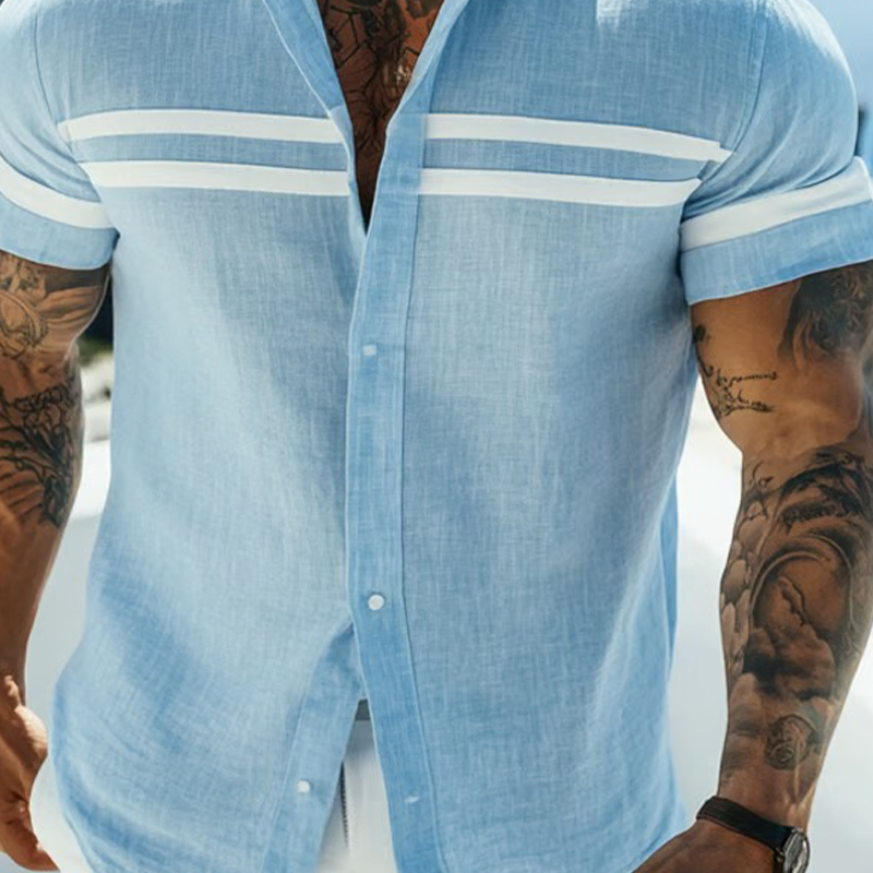 Men's Stripe Print Blended Short Sleeve Shirt MTA2380F1X
