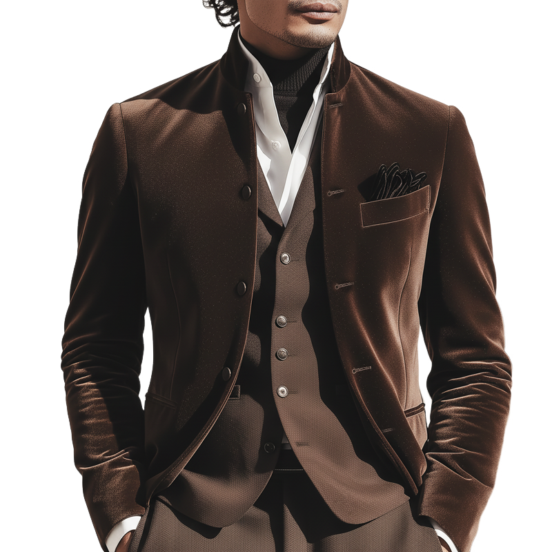 Men's Vintage Chocolate-colored Velvet Stand-collar Jacket MTA2994K1U