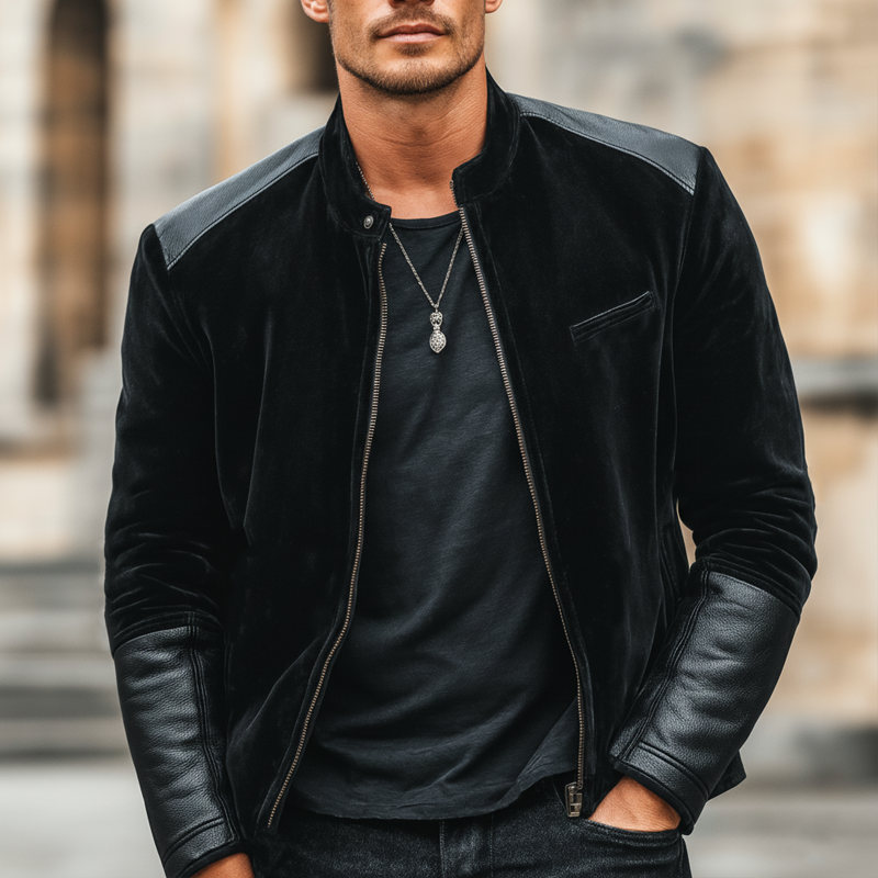 Men's Urban Black Velvet Patchwork PU Leather Zip-Up Jacket MTA1544K5U