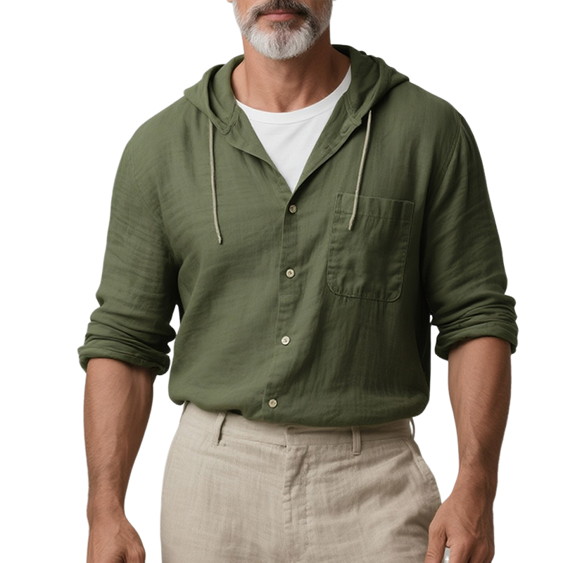 Men's Retro Casual Solid Color Linen Hooded Long Sleeve Shirt MTA2774F1TO