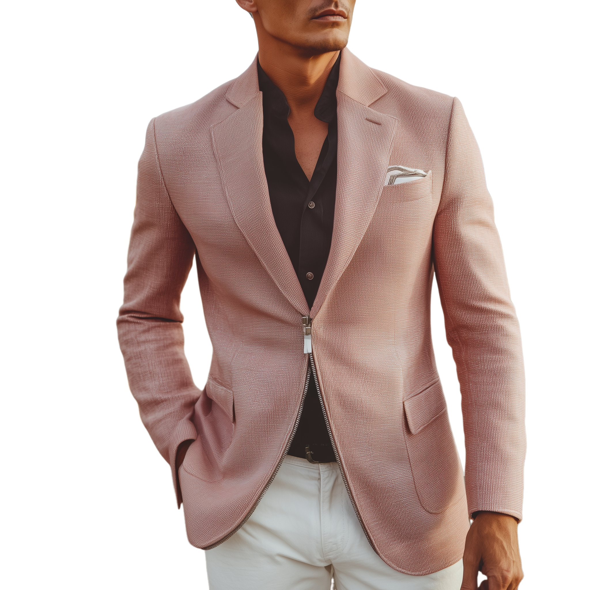 Men's Classic Casual Cotton Blend Textured Fabric Zipper Placket Slim Fit Blazer MTA2651H8K