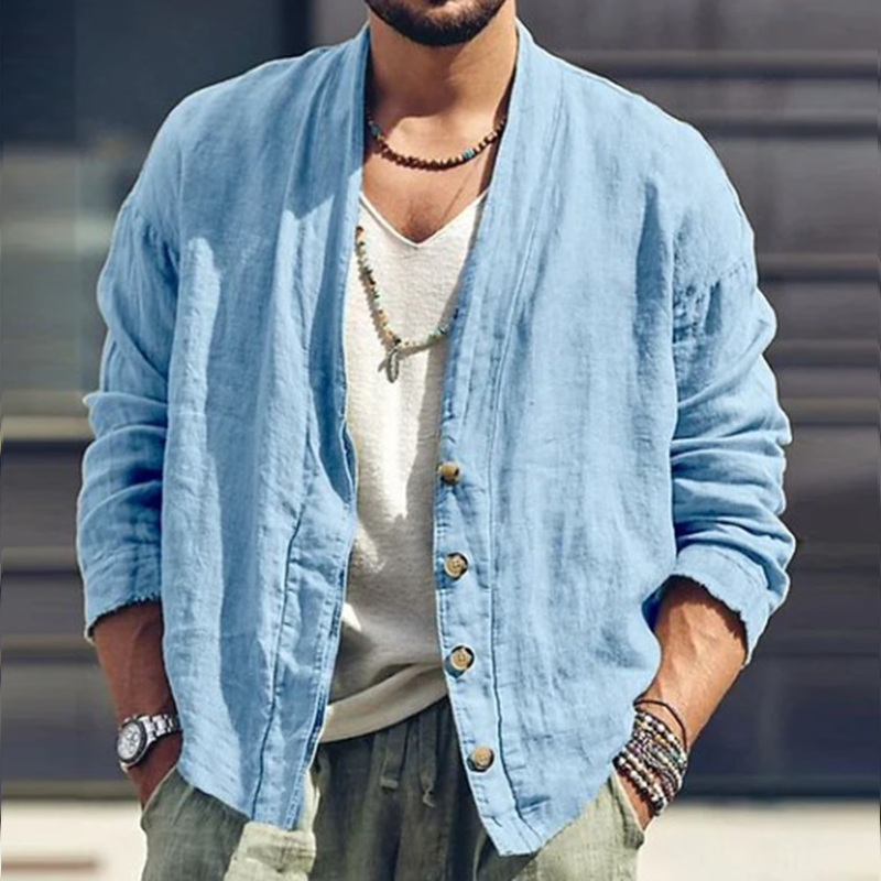 Men's Solid Color Cotton And Linen Long-Sleeved Cardigan MTA2307G0P