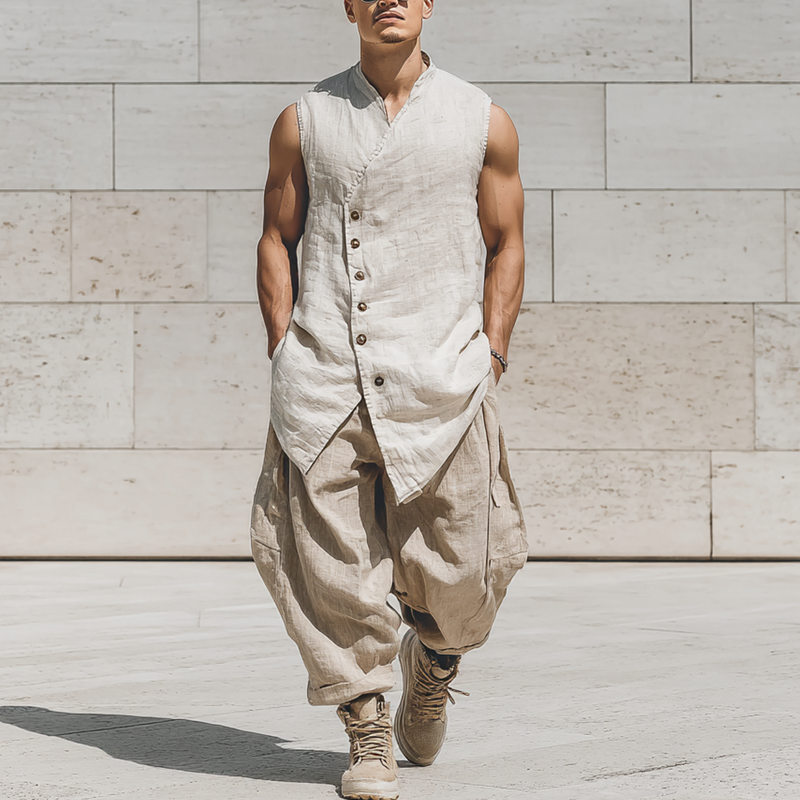 Men's Cotton And Linen Stand Collar Solid Color Loose Vest MTA0140G2X